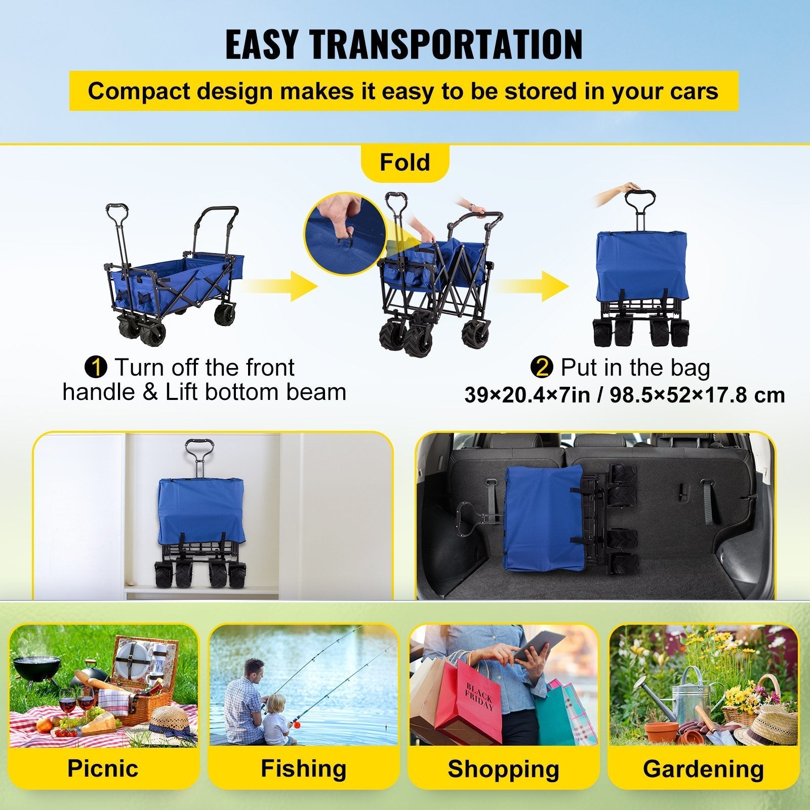 VEVOR XL Folding Wagon with Canopy, Heavy-Duty Steel Frame, Blue - Renee Lane Company
