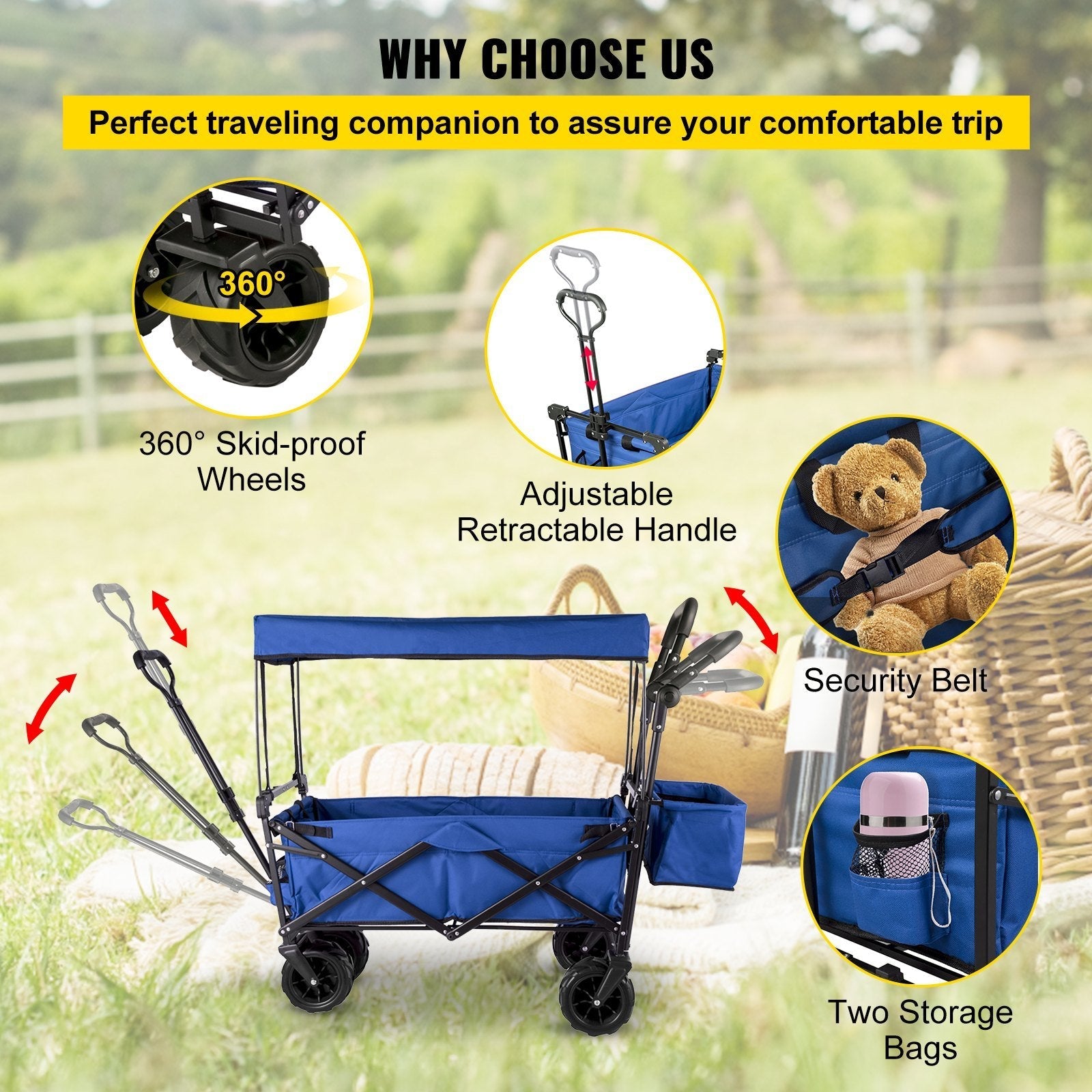 VEVOR XL Folding Wagon with Canopy, Heavy-Duty Steel Frame, Blue - Renee Lane Company