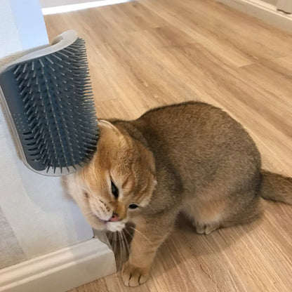 Corner pet self-groomer brush with gray bristles, mounted to a wall corner.