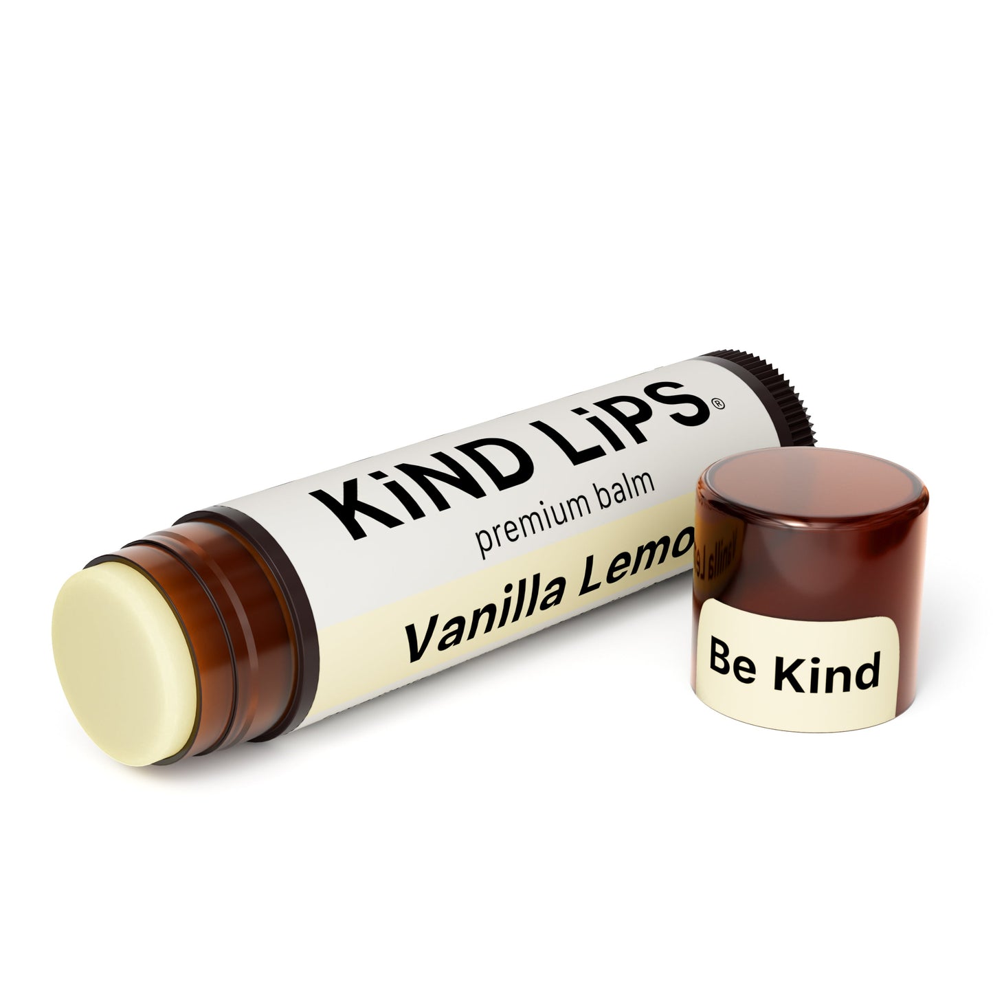 Vanilla Lemon premium lip balm tube with matching brown twist cap