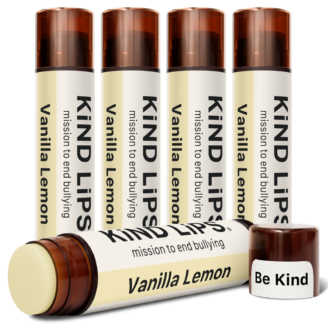 Assorted lip balm set: tubes and a small balm cup labeled Vanilla Lemon