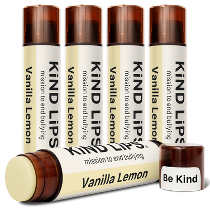 Assorted lip balm set: tubes and a small balm cup labeled Vanilla Lemon