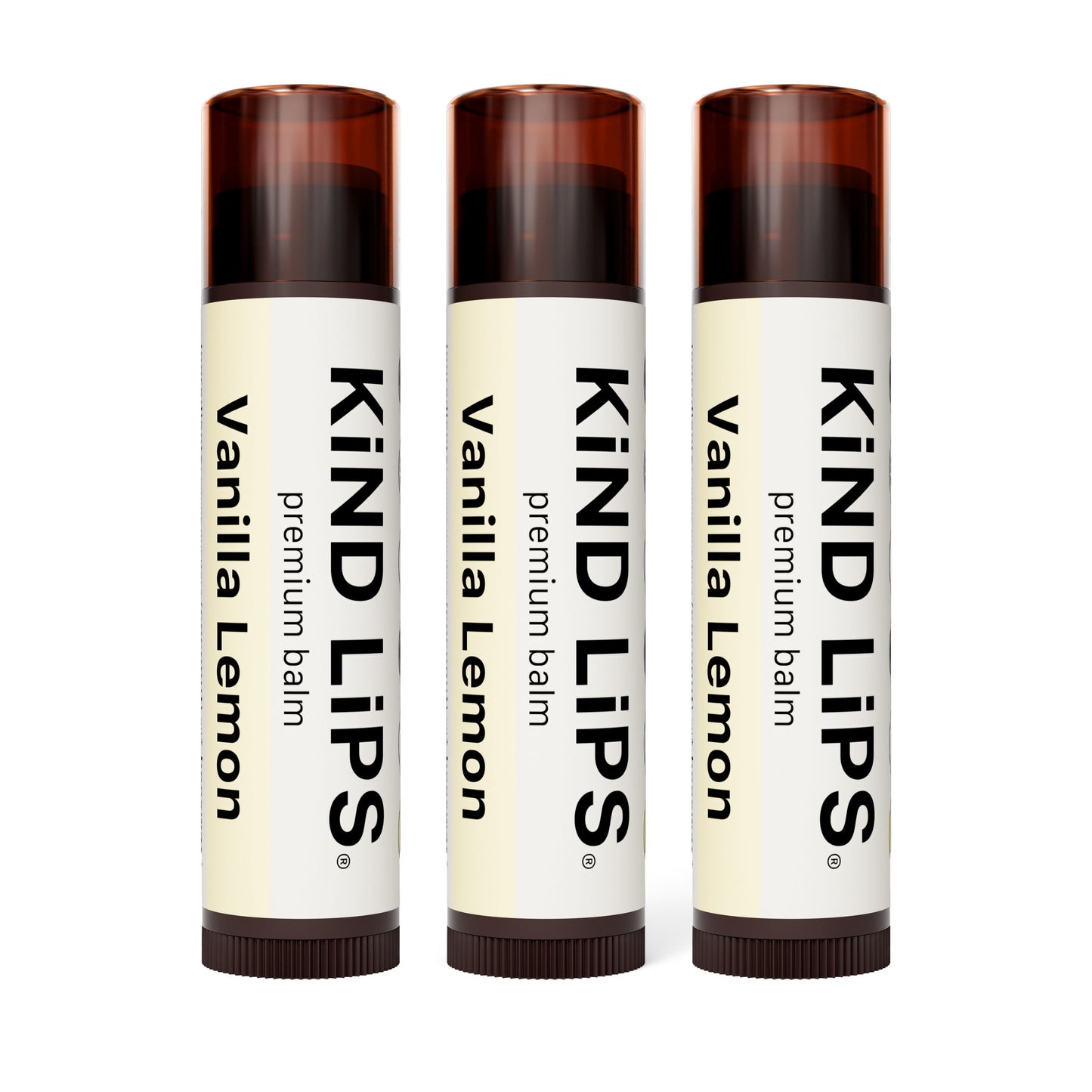 Three vanilla lemon premium lip balm tubes with brown caps
