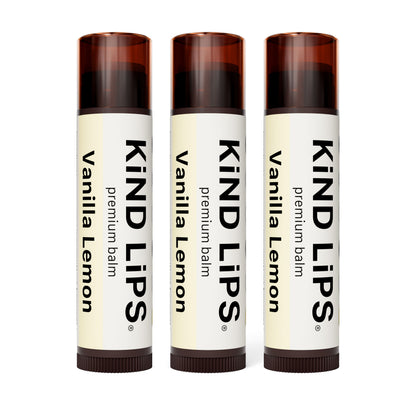 Three vanilla lemon premium lip balm tubes with brown caps