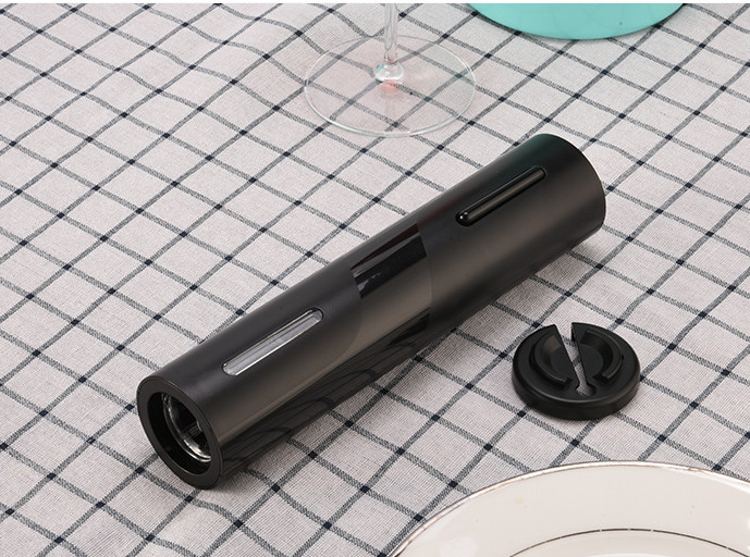 Black automatic wine bottle opener with corkscrew shaft and detachable foil cutter
