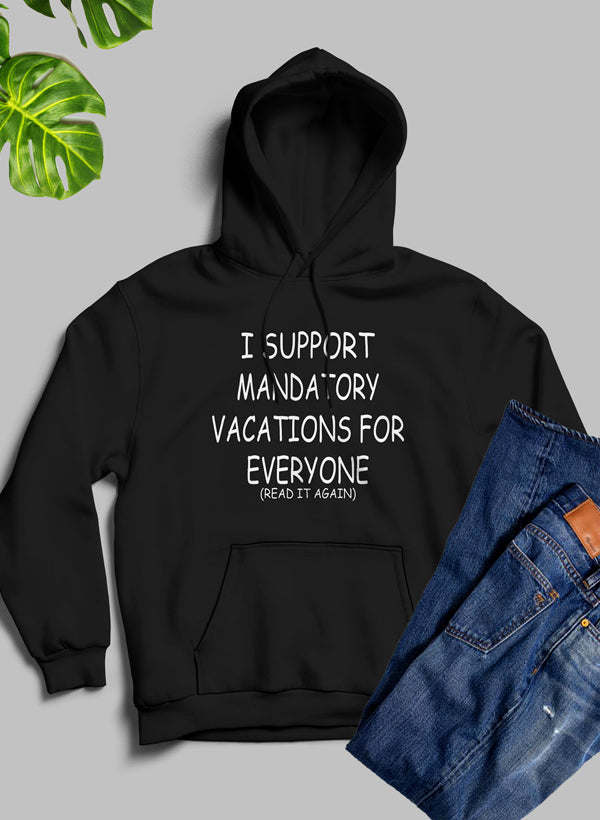 Black hoodie with front pocket and bold slogan graphic on chest
