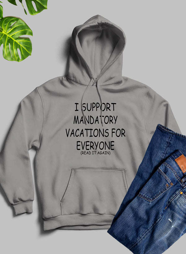 Light gray hoodie with drawstring hood, front slogan print, kangaroo pocket