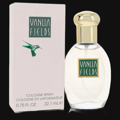 Vanilla Fields perfume bottle with gold cap and matching cologne spray box, 0.75 fl oz