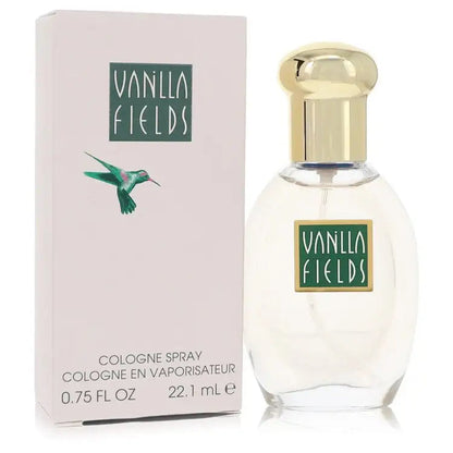Perfume bottle with gold cap beside Vanilla Fields cologne spray box, 22.1 mL
