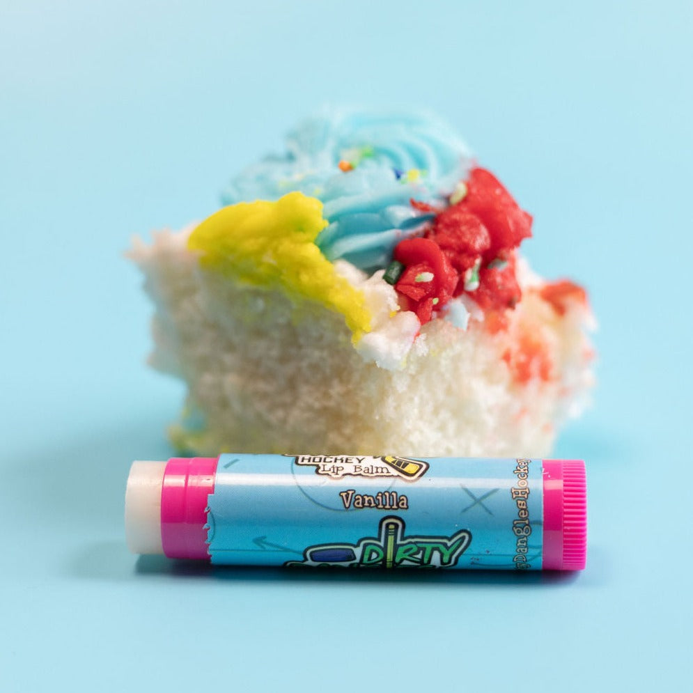 Vanilla lip balm tube with pink cap and blue body