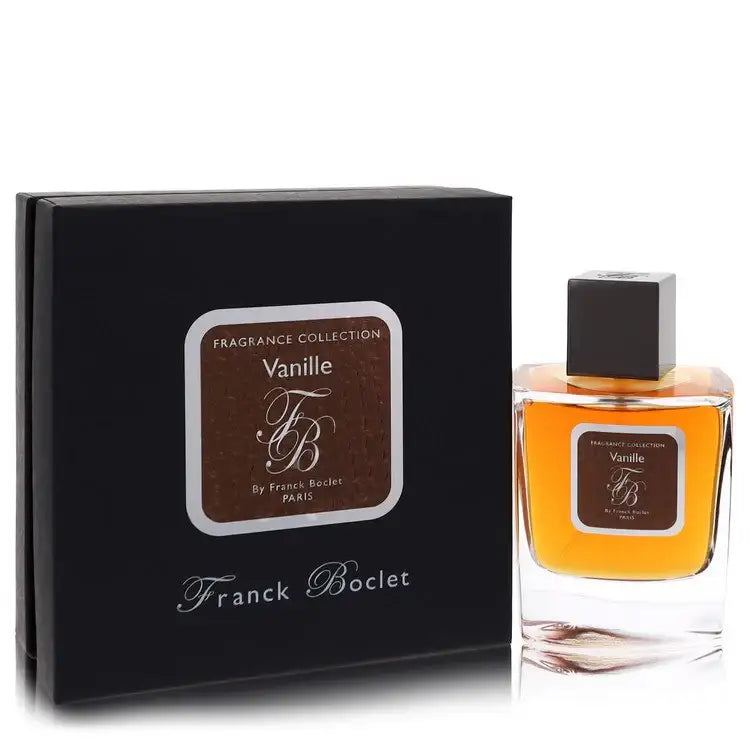 Vanille perfume fragrance bottle with matching black gift box, amber liquid visible