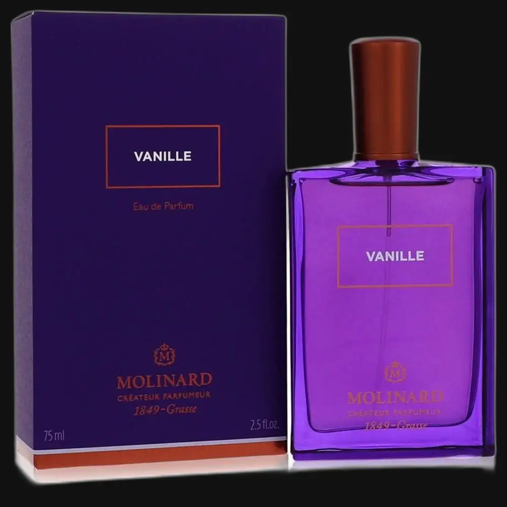 Unisex eau de parfum set: purple bottle with brown cap and matching box.