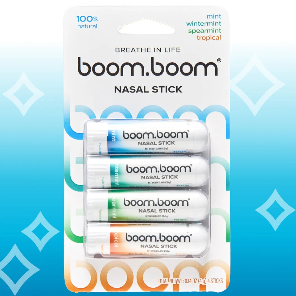 Nasal stick blister pack with three mint-scented inhaler sticks in carded packaging