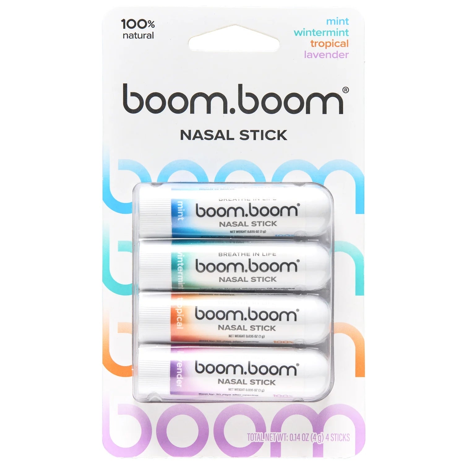 Nasal stick blister pack with three sticks labeled mint, wintermint, and tropical
