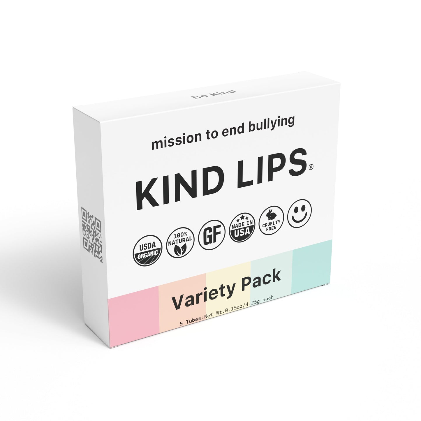 KIND LIPS Variety 3 Pack box with 'mission to end bullying' and variety pack details