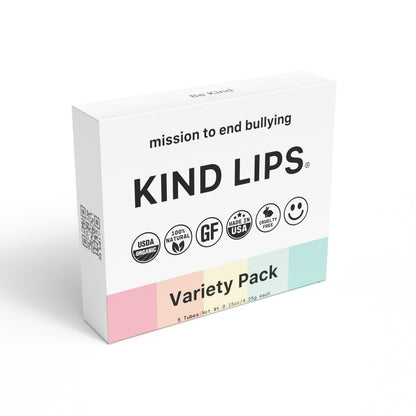 KIND LIPS Variety 3 Pack box with 'mission to end bullying' and variety pack details