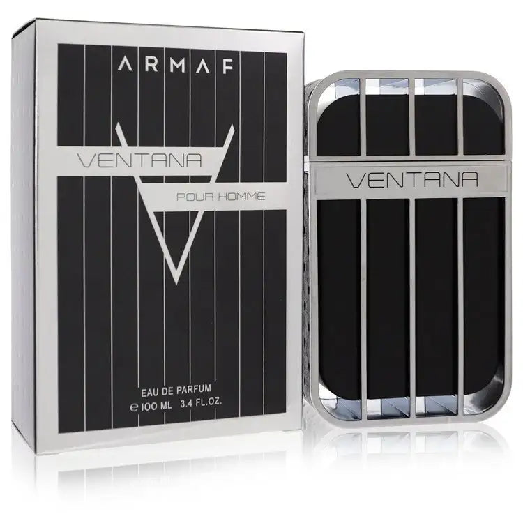 Men's eau de parfum cologne set with black glass bottle and striped box