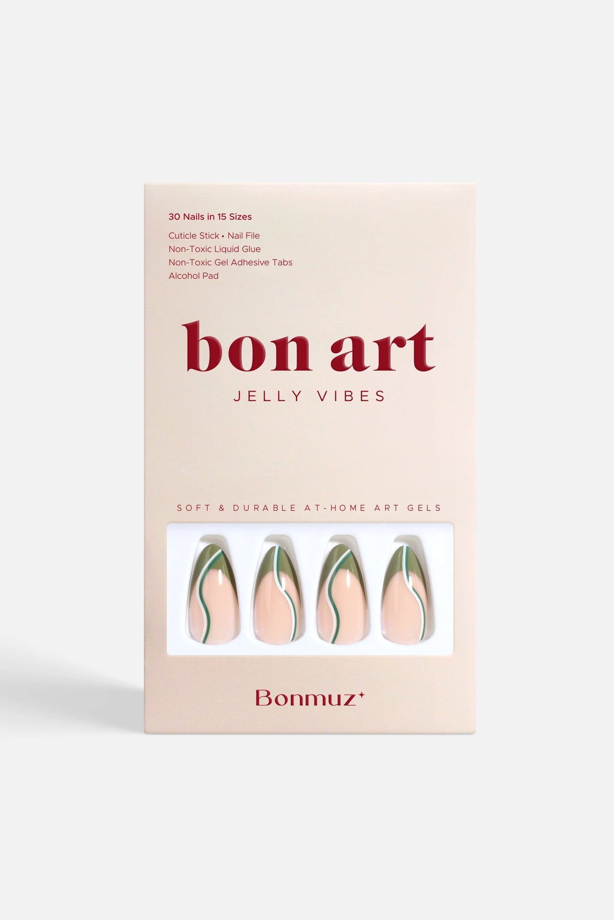 Press-on nail set box showing oval nails with nude base, green edges, and black lines