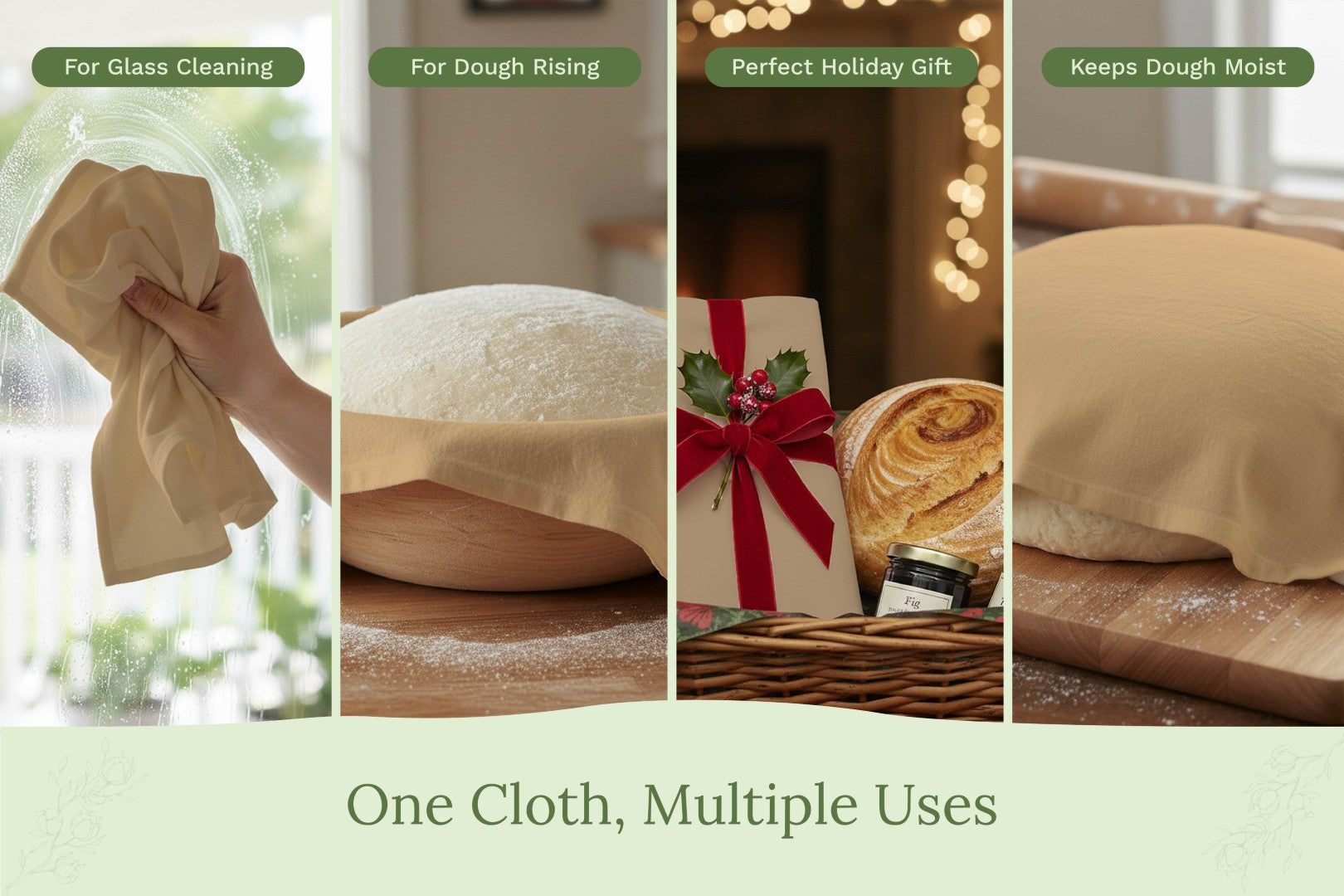 Light beige flour sack kitchen towel shown in multiple use scenes