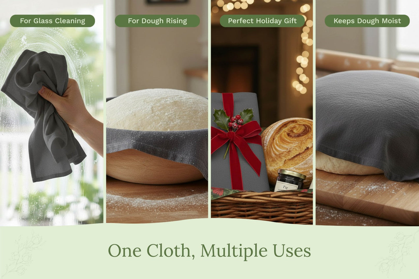 Gray flour sack kitchen towels shown in a multi-use kitchen scene