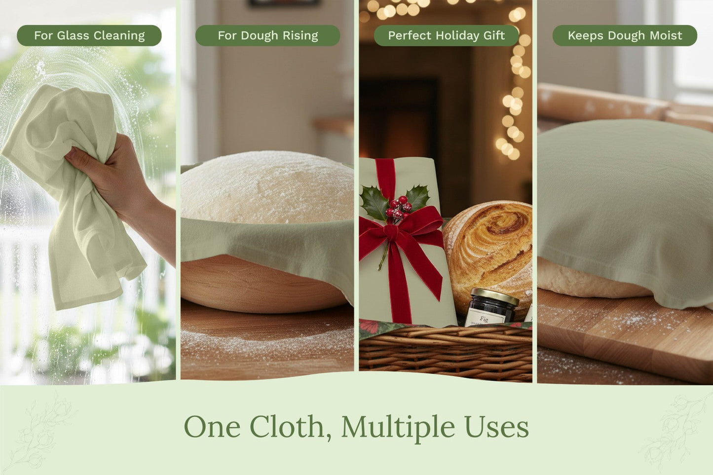 White flour sack kitchen towel shown in multiple use scenes