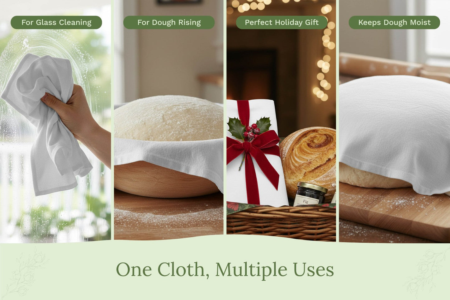 White flour sack kitchen towel, folded and draped for wiping
