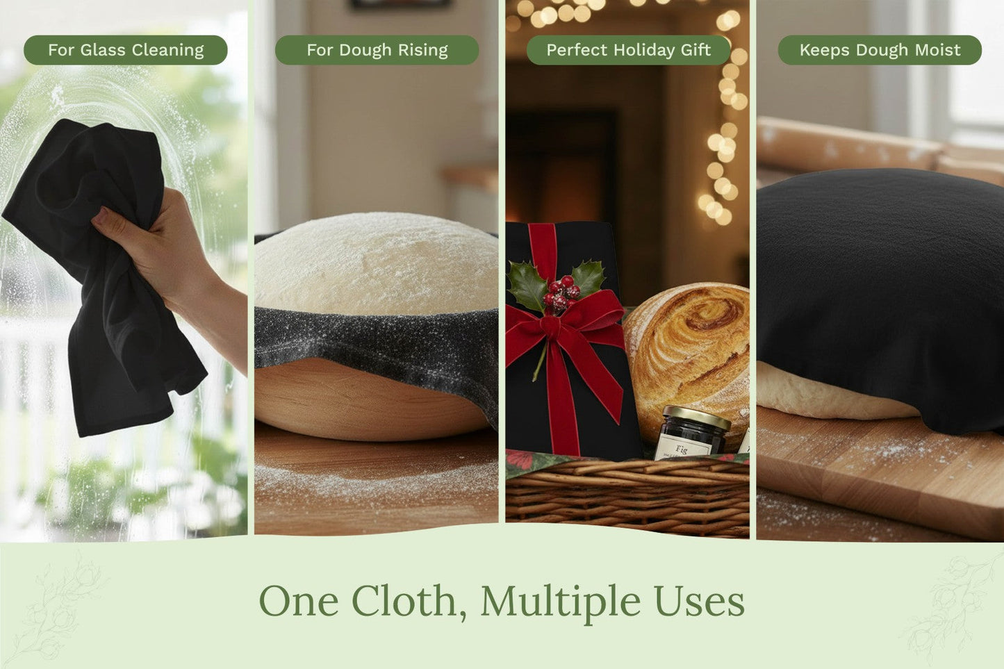 Black flour sack kitchen towels shown in a multi-use kitchen scene