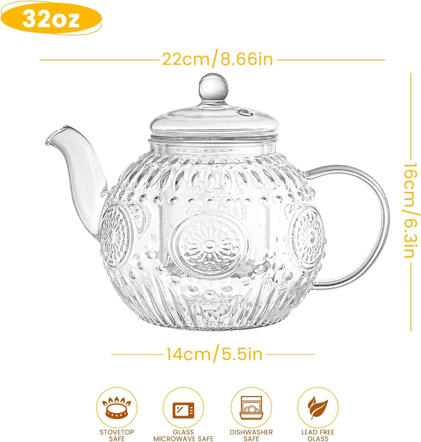 Vintage Glass Teapot, Tea Kettle with Removable Infuser 32OZ/1000ml, Borosilicate Glass Pot -Stovetop Safe, Blooming & Loose Leaf Tea Maker Set - Renee Lane Company