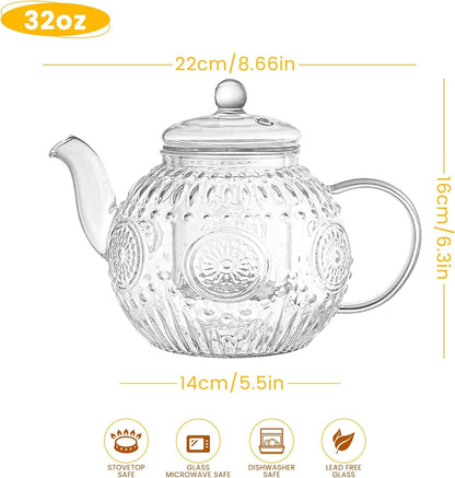 Vintage Glass Teapot, Tea Kettle with Removable Infuser 32OZ/1000ml, Borosilicate Glass Pot -Stovetop Safe, Blooming & Loose Leaf Tea Maker Set - Renee Lane Company