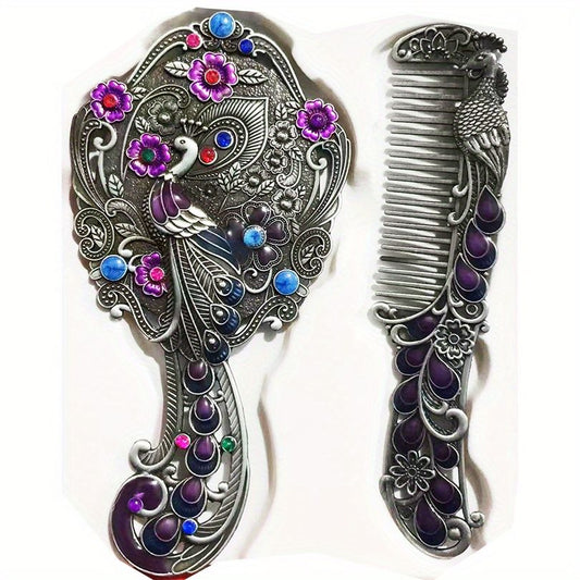 Vintage Handheld Mirror & Antique Comb Set - Perfect Princess Gift for Women & Girls - Portable Makeup Mirror with Decorative Beads (Random Color) - Renee Lane Company