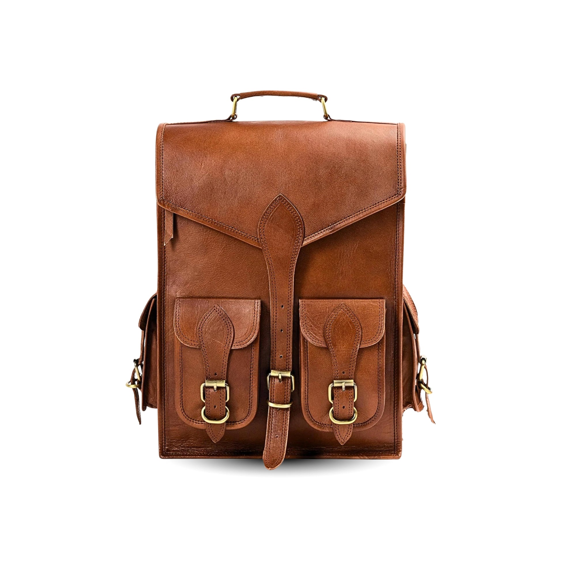 Brown vintage leather backpack with front flap, buckle straps, and top handle.