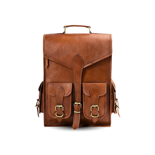 Brown vintage leather backpack with front flap, buckle straps, and top handle.