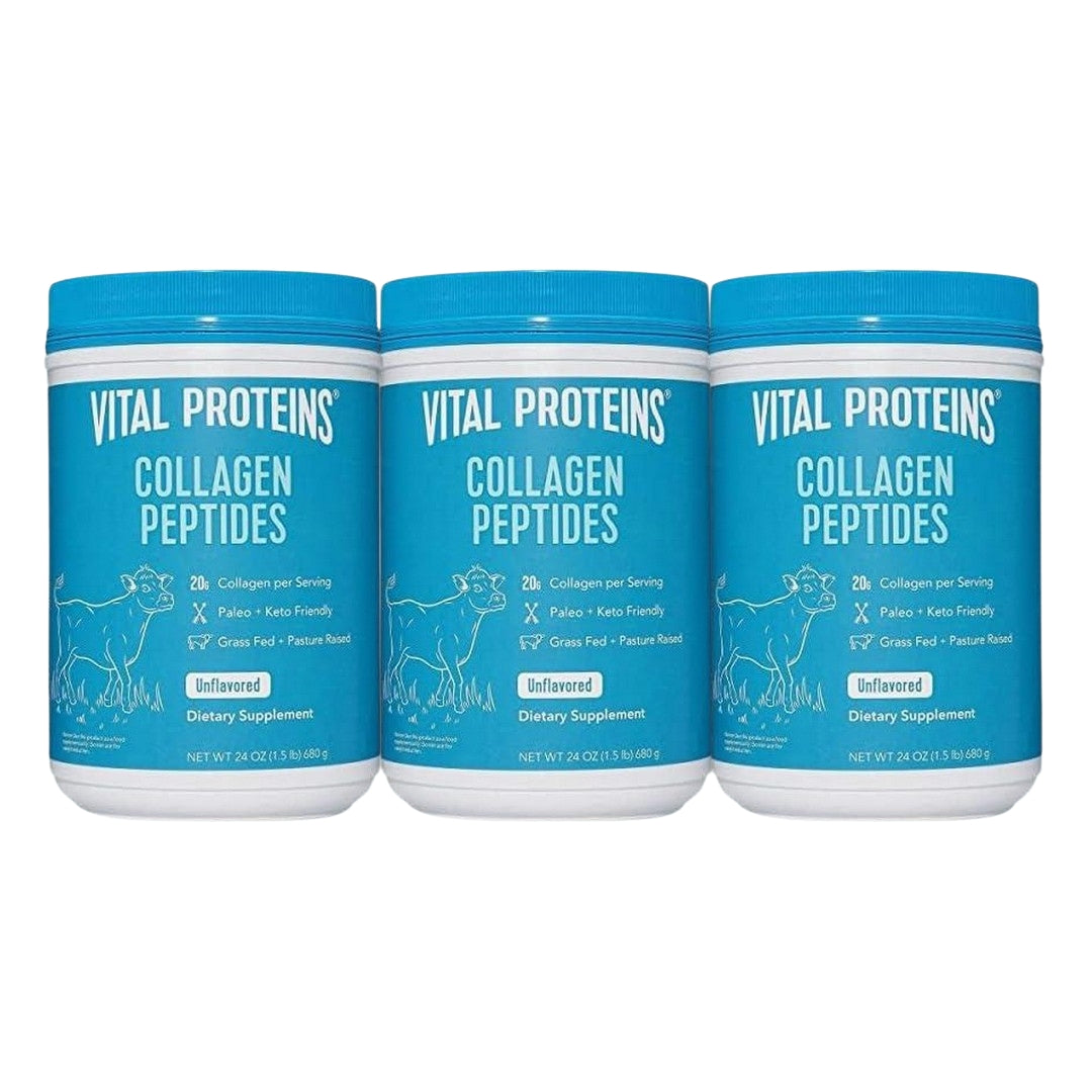 Collagen peptides supplement canisters, three blue tubs with white labels and caps