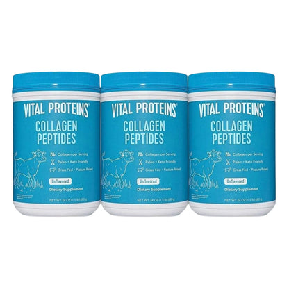 Collagen peptides supplement canisters, three blue tubs with white labels and caps