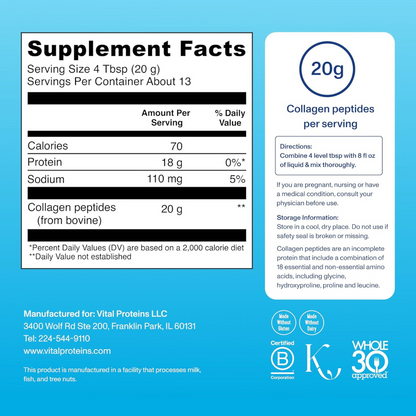 Supplement facts label with serving size 4 Tbsp and collagen peptides 20 g per serving