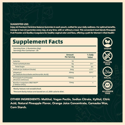 Vital Source Nutrition - Premium Feminine Balance Gummies - for Women’s Health & Wellness - Immune Support - Vegan, Gluten-Free & Halal - Hawaiian Pineapple - 60 Gummies - 30 Servings - Renee Lane Company