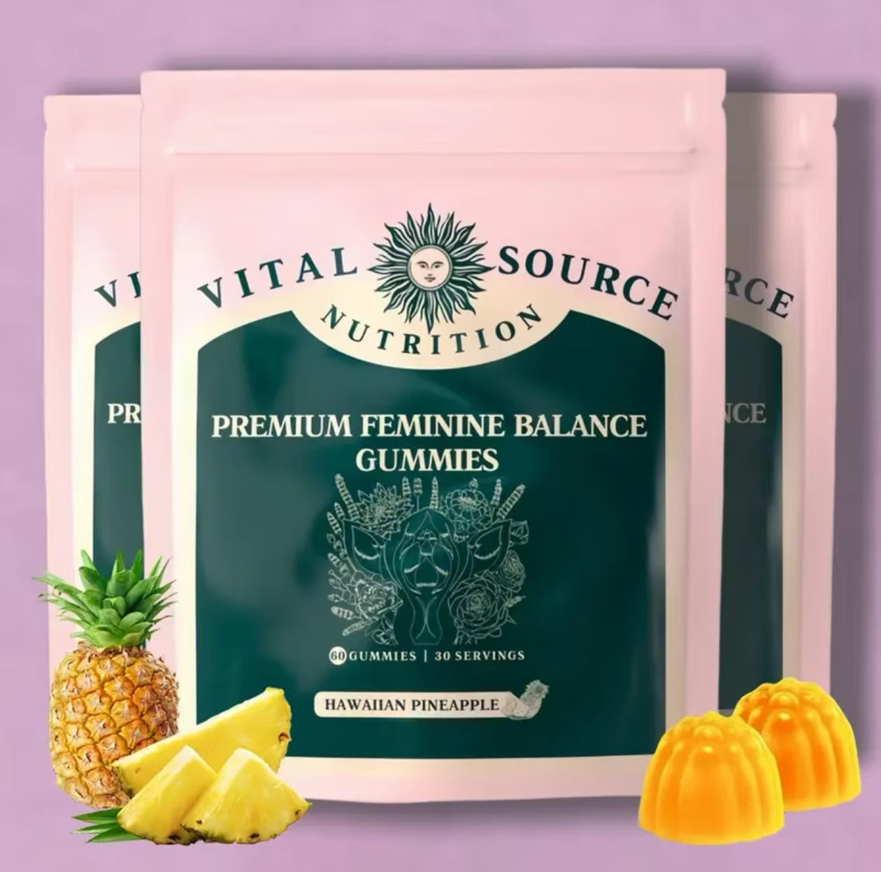 Vital Source Nutrition - Premium Feminine Balance Gummies - for Women’s Health & Wellness - Immune Support - Vegan, Gluten-Free - Hawaiian Pineapple - 60 Gummies - 30 Servings - Renee Lane Company