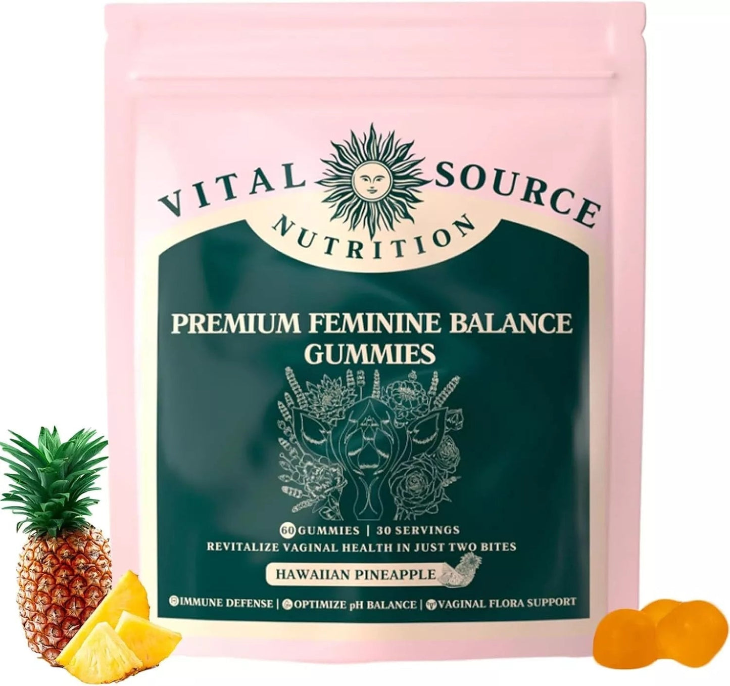 Vital Source Nutrition - Premium Feminine Balance Gummies - for Women’s Health & Wellness - Immune Support - Vegan, Gluten-Free - Hawaiian Pineapple - 60 Gummies - 30 Servings - Renee Lane Company