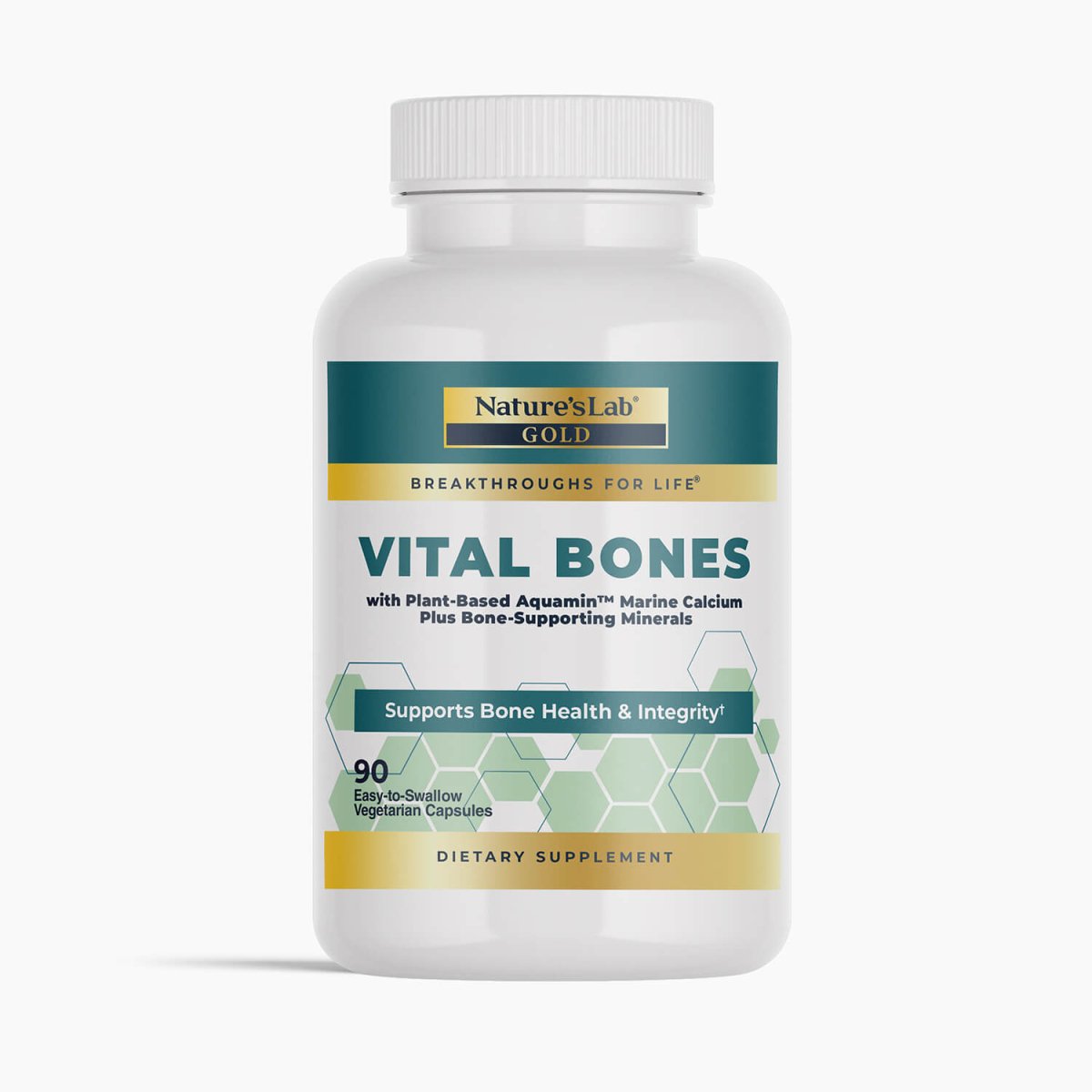 Gold Vital Bones supplement bottle with white cap and green-gold label, 90 veggie capsules