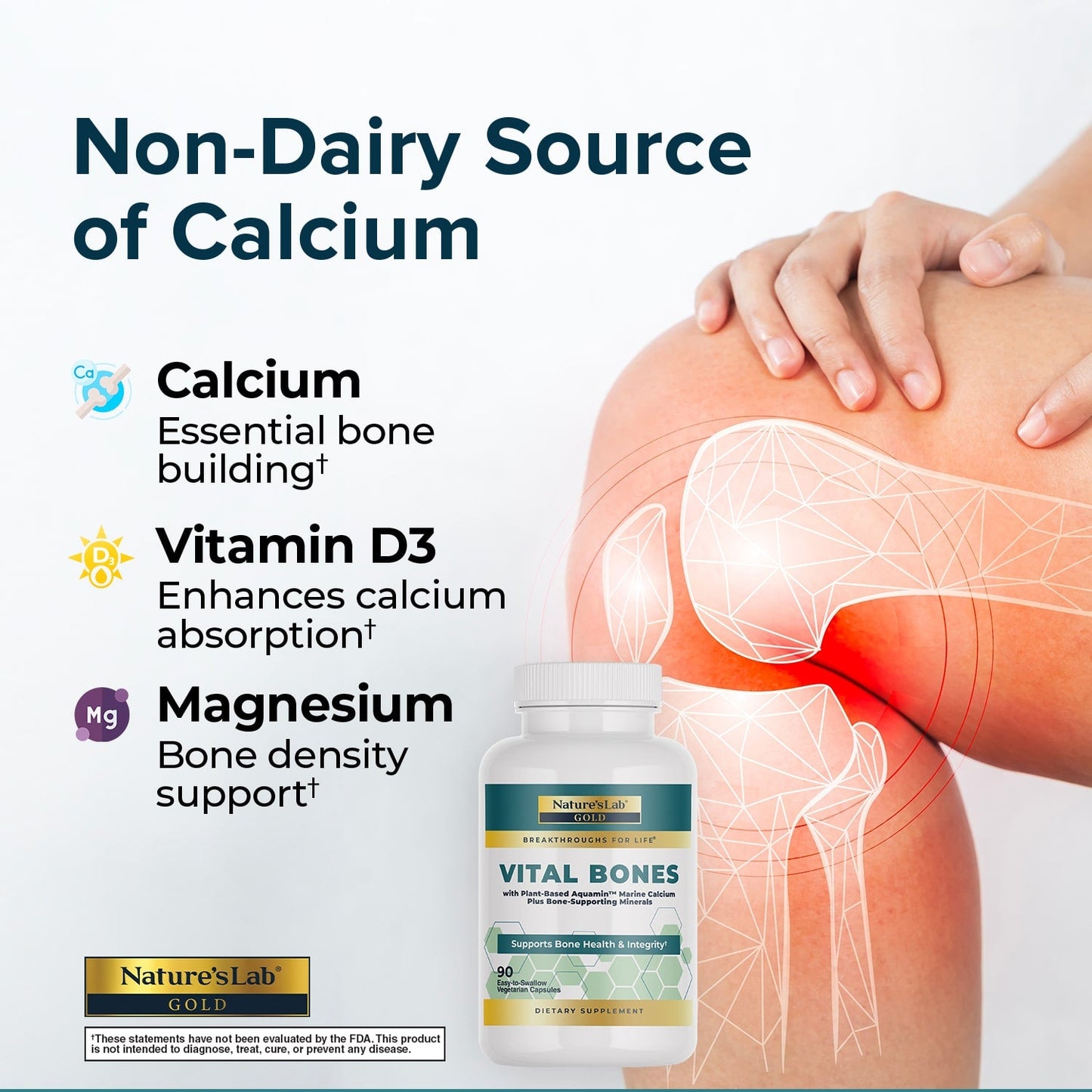 Non-dairy calcium supplement infographic with Vitamin D3, Magnesium, and a small bottle
