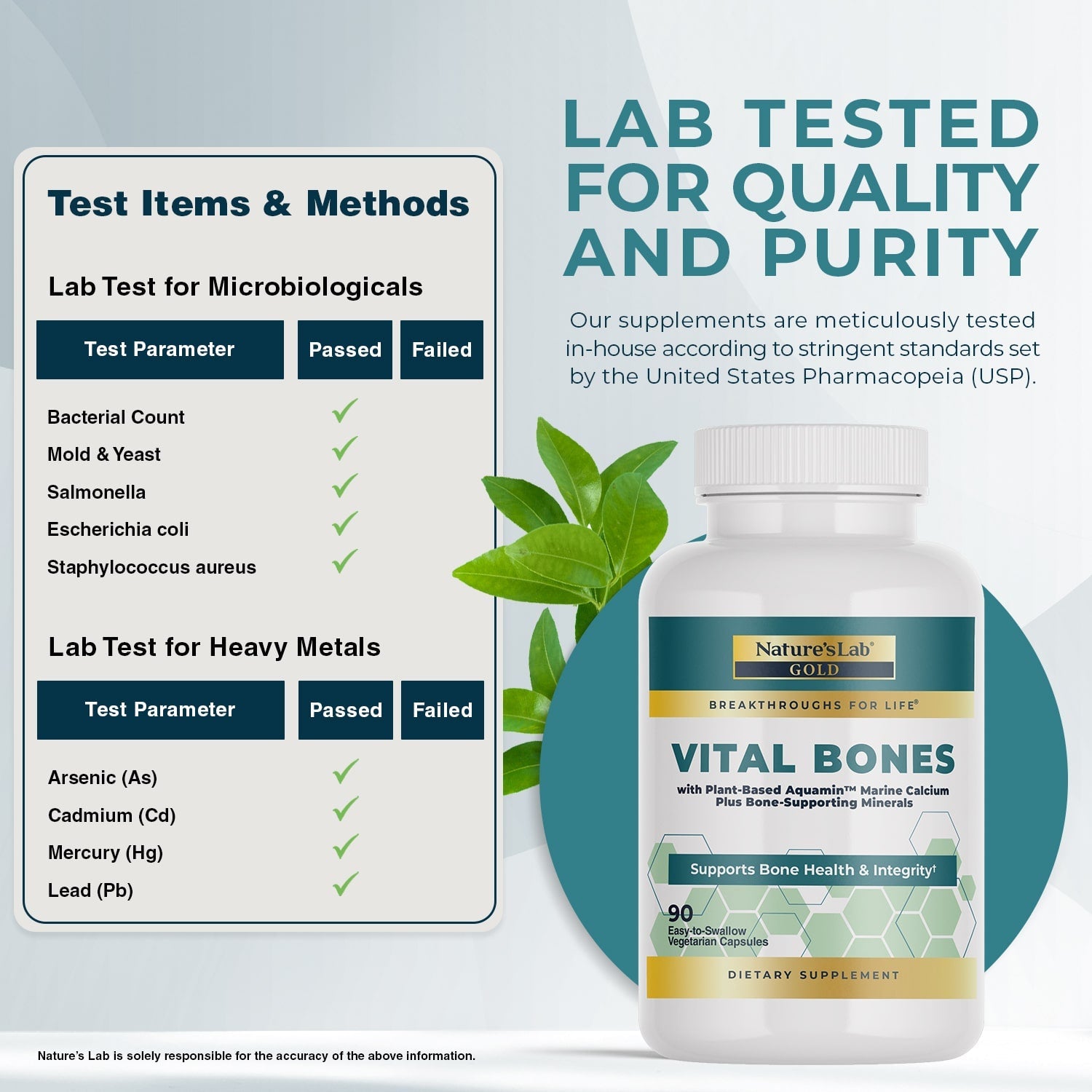 Quality and purity lab-tested panel with Vital Bones supplement bottle and checkmarks