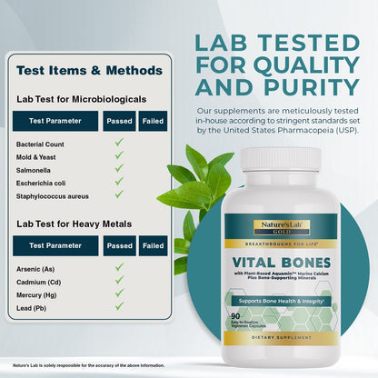 Quality and purity lab-tested panel with Vital Bones supplement bottle and checkmarks