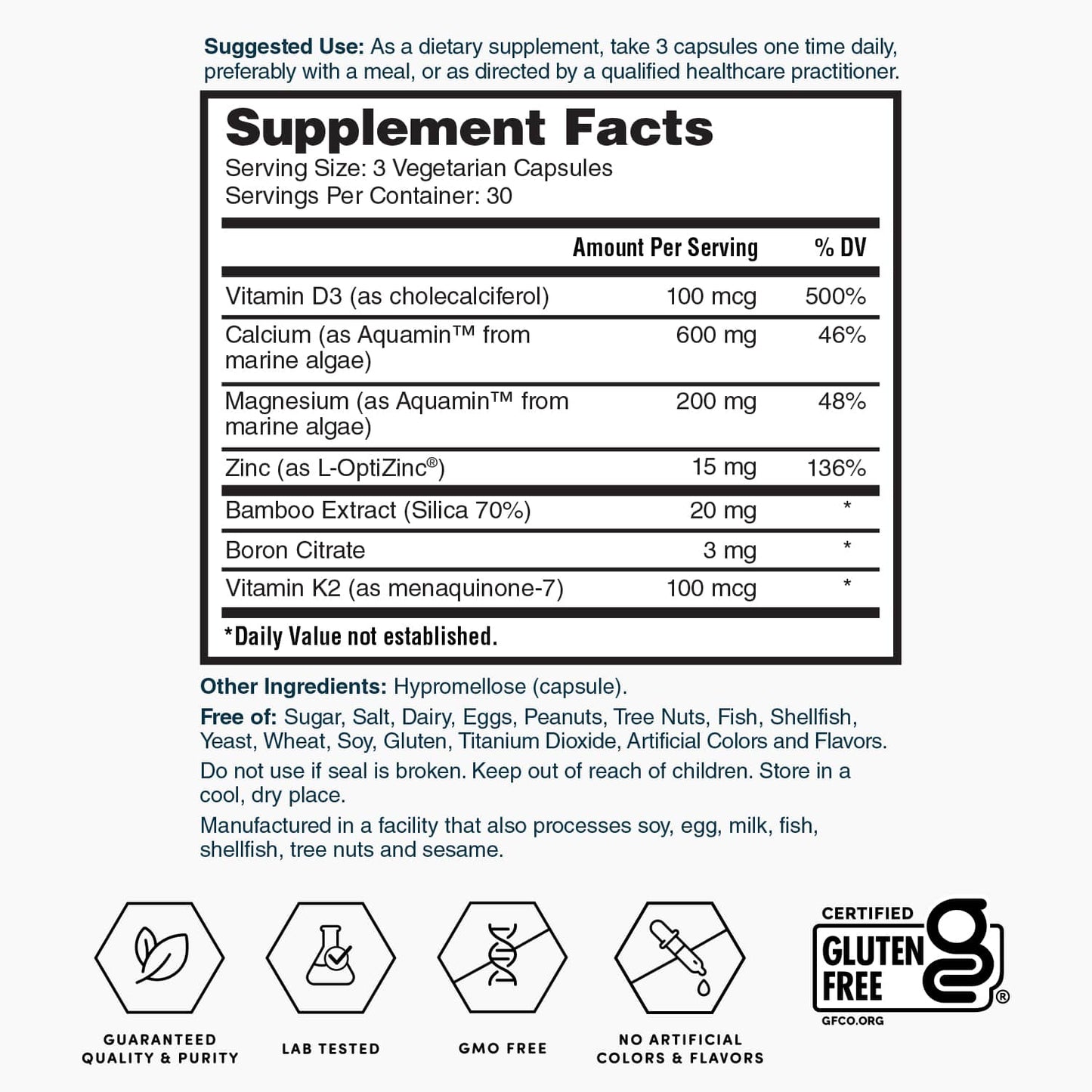 Supplement facts label with serving size and amounts for vitamins, minerals, and extracts