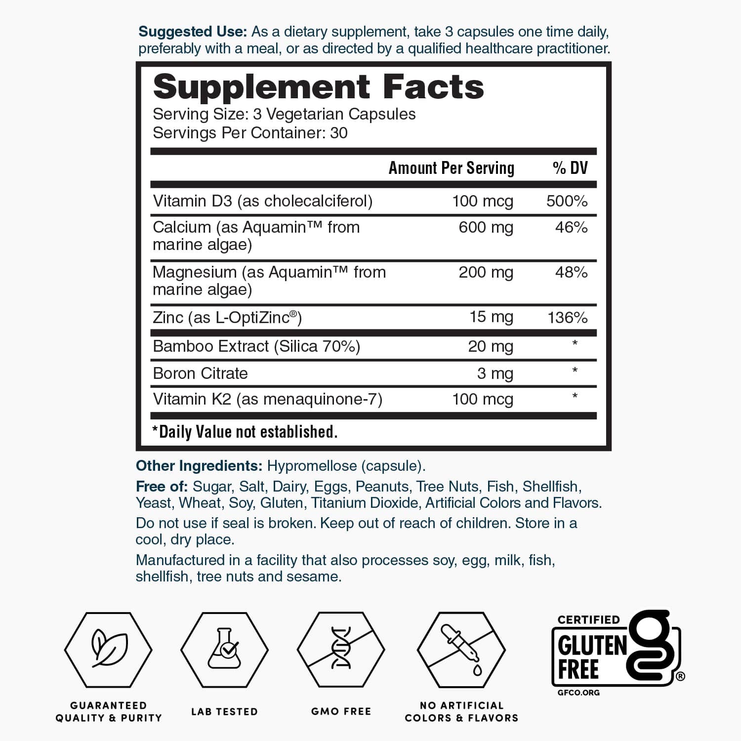 Supplement facts label with serving size and amounts for vitamins, minerals, and extracts