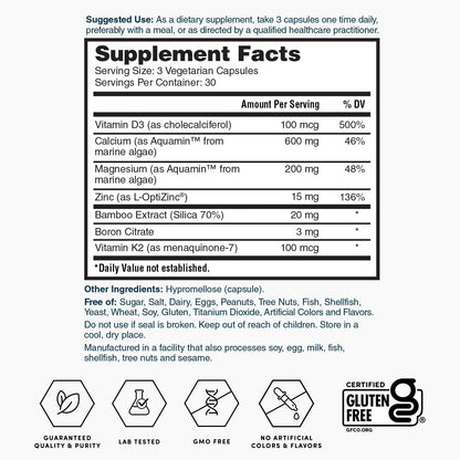 Supplement facts label with serving size and amounts for vitamins, minerals, and extracts