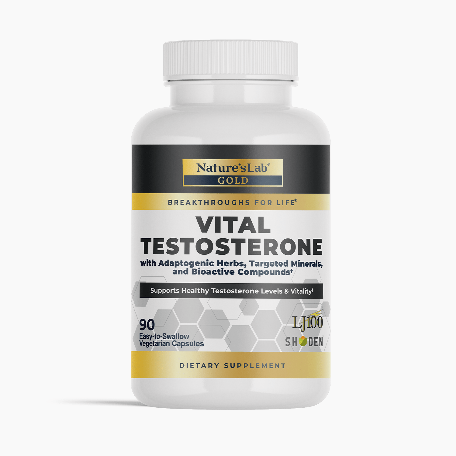 Testosterone supplement bottle, white cap with gold and black label