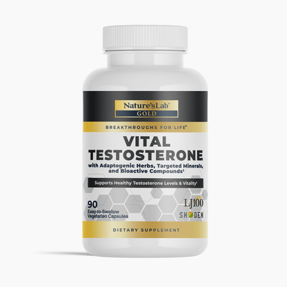 Testosterone supplement bottle, white cap with gold and black label