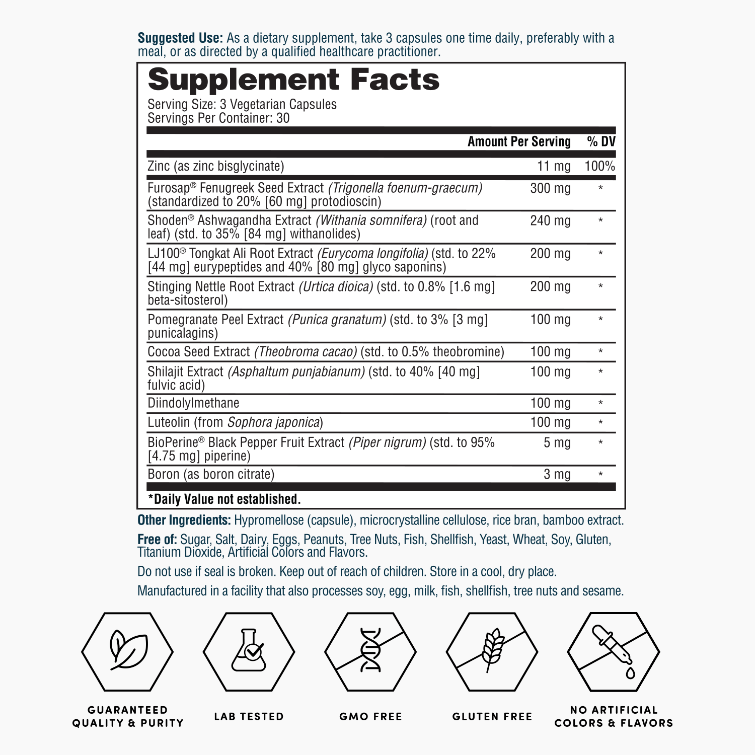 Supplement Facts label for testosterone capsules, serving size 30 vegetarian