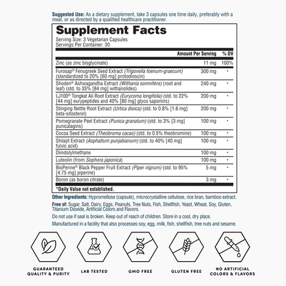 Supplement Facts label for testosterone capsules, serving size 30 vegetarian