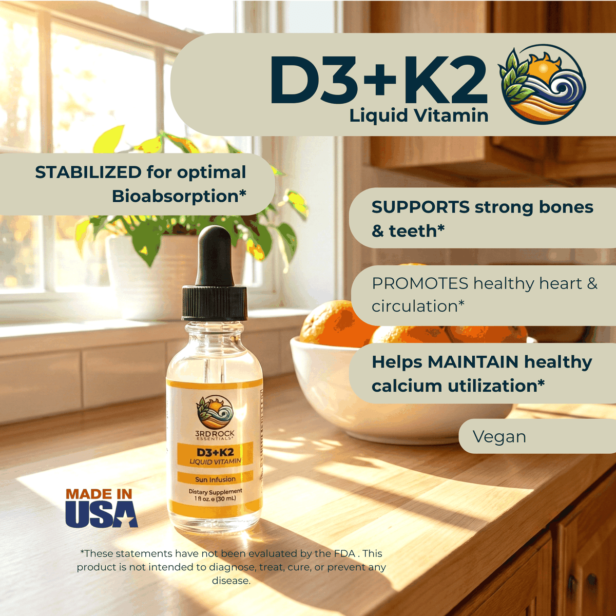 Vitamin D3 + K2 - Liquid Supplement (Chelated) — 1 fl oz - Renee Lane Company